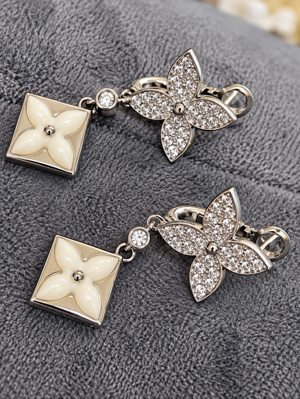 18kgp Gold-Tone Cream Floral Drop Earrings with Crystal Accents